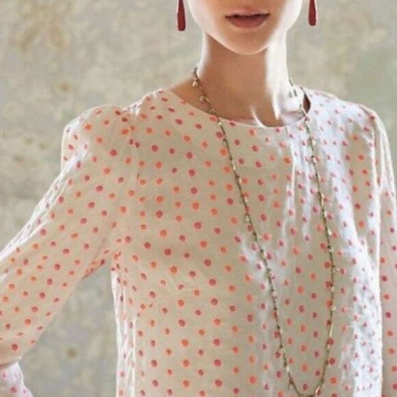 Anthropologie Isato polka dot embroidered cream and pink 3/4 length blouse - Picture 2 of 9